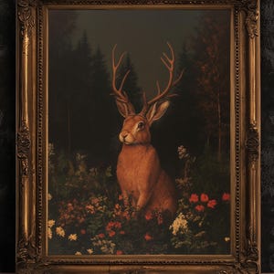 Floral Moody Jackalope Art Print, Surreal Hare Hybrid Wall Decor, Mystical Forest Animal Portrait, Cryptid Fairycore Wall Art