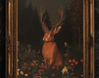 Floral Moody Jackalope Art Print, Surreal Hare Hybrid Wall Decor, Mystical Forest Animal Portrait, Cryptid Fairycore Wall Art