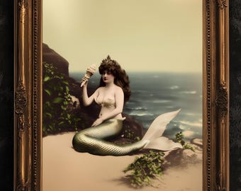 Whimsical Vintage Mermaid Art Printable with Seashell Crown and Ocean View, Nautical Coastal Cottage Wall Decor, Quirky Mermaid Sea Creature