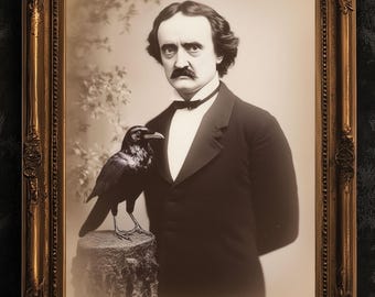 Edgar Allan Poe porträtttryck, gotisk korp, mörk akademisk dekor