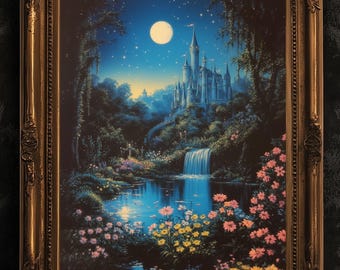 Castello delle fiabe al chiaro di luna, poster con paesaggio fantasy stravagante, cascata, fiori e stelle, arredamento cottagecore, regalo per gli amanti delle fiabe