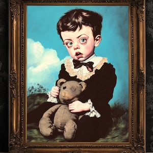 Victorian Child Portrait And His Teddy Bear Poster, Whimsical Eerie Cottagecore Cute Room Decor, Surreal Creepy Wall Art, Quirky Weird Gift