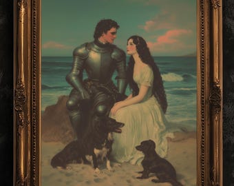 Romantic Armored Knight and Maiden on Beach Wall Art, Literary Dark Fantasy Whimsigoth Decor, Fairycore Vintage Poster for Cottagecore