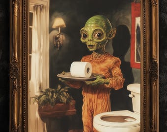 Funny Bathroom Poster, Cute Alien Holding Toilet Paper, Quirky Wall Art, Weirdcore Gift Idea, Weird UFO Print for Goth Toilet Decor