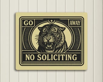 Retro No Soliciting Sign, Funny Angry Tiger, Vintage Door Sign for Front Porch or Cubicle Decor, No Trespassing, Go Away Aluminum Plaque