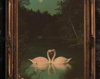 The Swans Waltz, Romantic Wall Art, Victorian Bird, Whimsigoth Nature Wall Decor, Vintage Gloomy Gothic Poster, Soft Academia Art Print