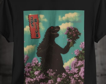 Funny Godzilla Meme Shirt, Gojira In Love Holding Sakura Flower Bouquet, Weirdcore Aesthetic Tee, Funny 90s Retro Japanese Style Tees