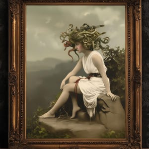 Stampa artistica di Medusa, cartolina Moody Cabinet Card, arte murale gotica vintage, estetica Dark Academia, mitologia greca, ritratto con capelli di serpente