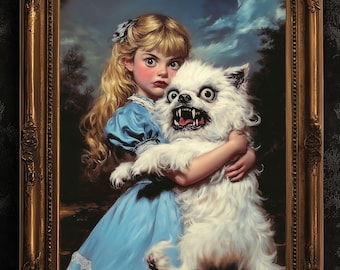 Whimsical Creepy Girl Holding Ugly Dog Painting, Victorian Gothic Decor, Surreal Weird Creepy Wall Art, Aesthetic Weird Items Gift