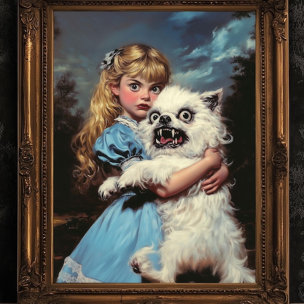 Whimsical Creepy Girl Holding Ugly Dog Painting, Victorian Gothic Decor, Surreal Weird Creepy Wall Art, Aesthetic Weird Items Gift