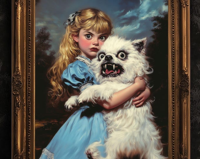 Whimsical Creepy Girl Holding Ugly Dog Painting, Victorian Gothic Decor, Surreal Weird Creepy Wall Art, Aesthetic Weird Items Gift