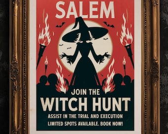 Salem Trials, Vintage Witch Hunt, Weird Quirky Travel Poster, Halloween Decor, Spooky Wall Art, Witchcraft Print, Haunted House Theme