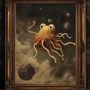 Das fliegende Spaghetti Monster, Kabinett Karte, Vintage viktorianische gotische Fotografie, Space Art, Moody Dark Academia Decor