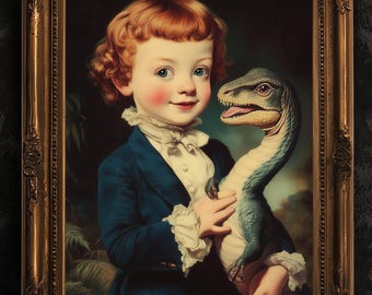 Uroczy, surrealistyczny portret dinozaura, dekoracja ścienna, fantazyjny pokój dziecięcy i pokój dziecięcy, oryginalny, vintage'owy wydruk ilustracyjny