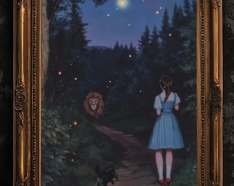 Der feige Löwe, der wunderliche Zauberer von Oz, Dorothy, Toto und der feige Löwe unter den Sternen auf einem magischen Waldweg