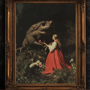 The Princess and the Enchanted Toad, Goblincore Poster, Whimsical Fantasy Surreal Landscape Wall Art Print