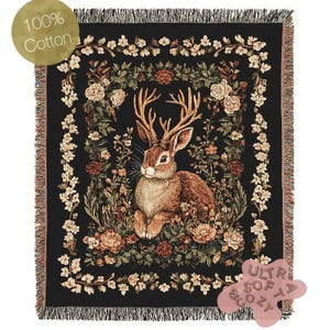 Jackalope Woven Blanket, Mythical Rabbit Deer Nature Tapestry Throw, Moody Cottagecore Whimsigoth Botanical Home Decor, Witchy Gift
