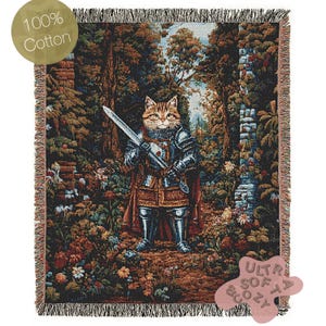 Medieval Cat Woven Throw Blanket, Funny Tapestry Knight Cat Wall Art, Renaissance Pet Portrait, Royal Cat Gift, Gothic Castlecore Home Decor