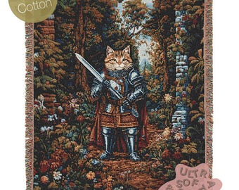 Medieval Cat Woven Throw Blanket, Funny Tapestry Knight Cat Wall Art, Renaissance Pet Portrait, Royal Cat Gift, Gothic Castlecore Home Decor