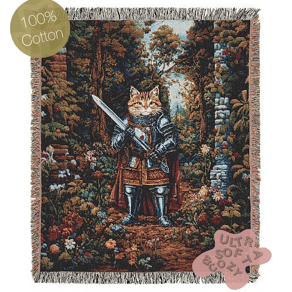 Medieval Cat Woven Throw Blanket, Funny Tapestry Knight Cat Wall Art, Renaissance Pet Portrait, Royal Cat Gift, Gothic Castlecore Home Decor