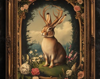 Moody Jackalope Art Print, Surreal Floral Hare Hybrid Wall Decor, Mystical Forest Animal Portrait, Cryptid Fairycore Wall Art