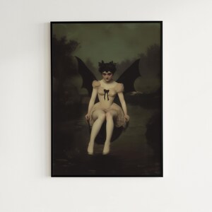 vintage poster, art poster print, dark academia, victorian wall art, gothic painting, halloween decoration, witch art print, nature witch print, dark fantasy poster, moonlit gothic scene, bat woman painting, lilith painting, queen of demons
