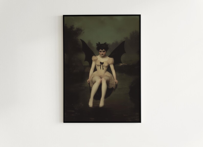 vintage poster, art poster print, dark academia, victorian wall art, gothic painting, halloween decoration, witch art print, nature witch print, dark fantasy poster, moonlit gothic scene, bat woman painting, lilith painting, queen of demons