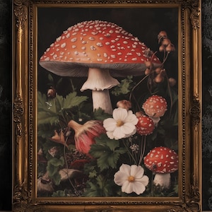Dunkle Blumen und Pilze Art Print, Rote Fliegenpilze und Blüten, Moody Dark Academia Poster, Whimsigoth Cottagecore Wanddekoration Geschenk für Sie