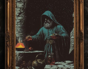The Alchemist, Mystical Wizard Poster, Medieval Magic Alchemist, Dark Academia Fantasy Wall Art, Whimsigoth Decor, Witchcore Gothic Print