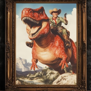 Funny Dinosaur Cowboy Wall Poster, Yeehaw Art Print, Cowboy Riding T-Rex, Weird Vintage Comic Book Poster, Quirky Western Jurassic Decor