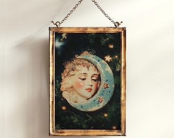 Porcelain Mask Moon Print, Digital Download, 90s Whimsigoth Decor, Whimsical Celestial Magical Decor, Crescent Poster, Cosy Witchy Print