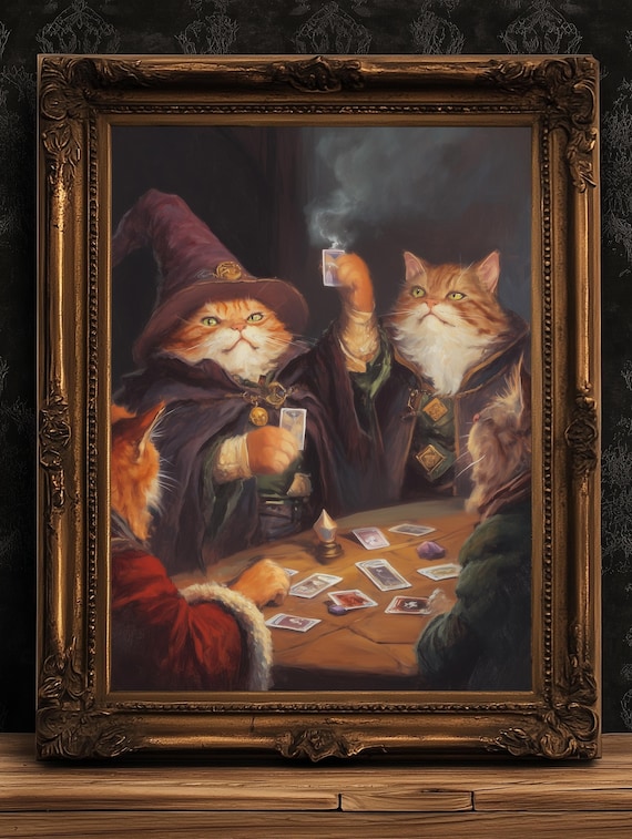 Funny Cat Playing Magic the Gathering Art Print Poster, Fantasy