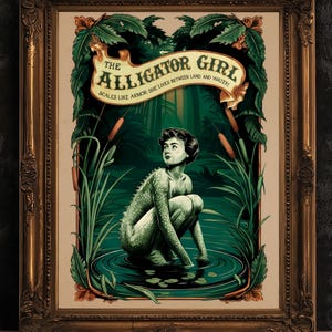 Circus Sideshow Alligator Girl, Vintage Circus Wall Art, Whimsigoth Decor, Carnival Freakshow, Side show Print Oddities & Curiosities Poster