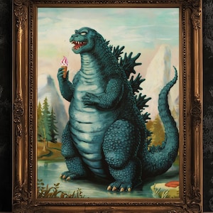 Funny Godzilla Wall Art Print, Vintage Style Gojira Eating Ice Cream, Quirky Kaiju Gojira Poster, Funny Kid Playroom, Fun Decor Lovers