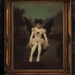 Goddess Lilith, Demon Girl Sitting by Water Art Print Poster, Gothic Whimsigoth Wall Decor Painting, Halloween Dark Fantasy Poster