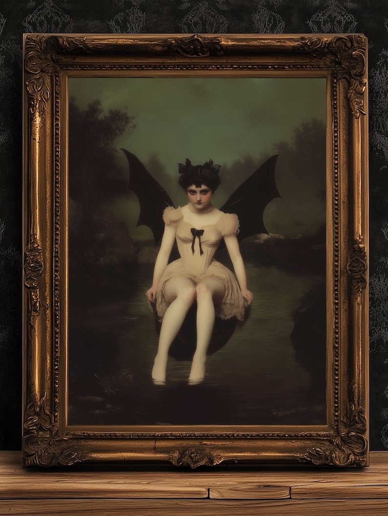 Goddess Lilith, Demon Girl Sitting by Water Art Print Poster, Gothic Whimsigoth Wall Decor Painting, Halloween Dark Fantasy Poster