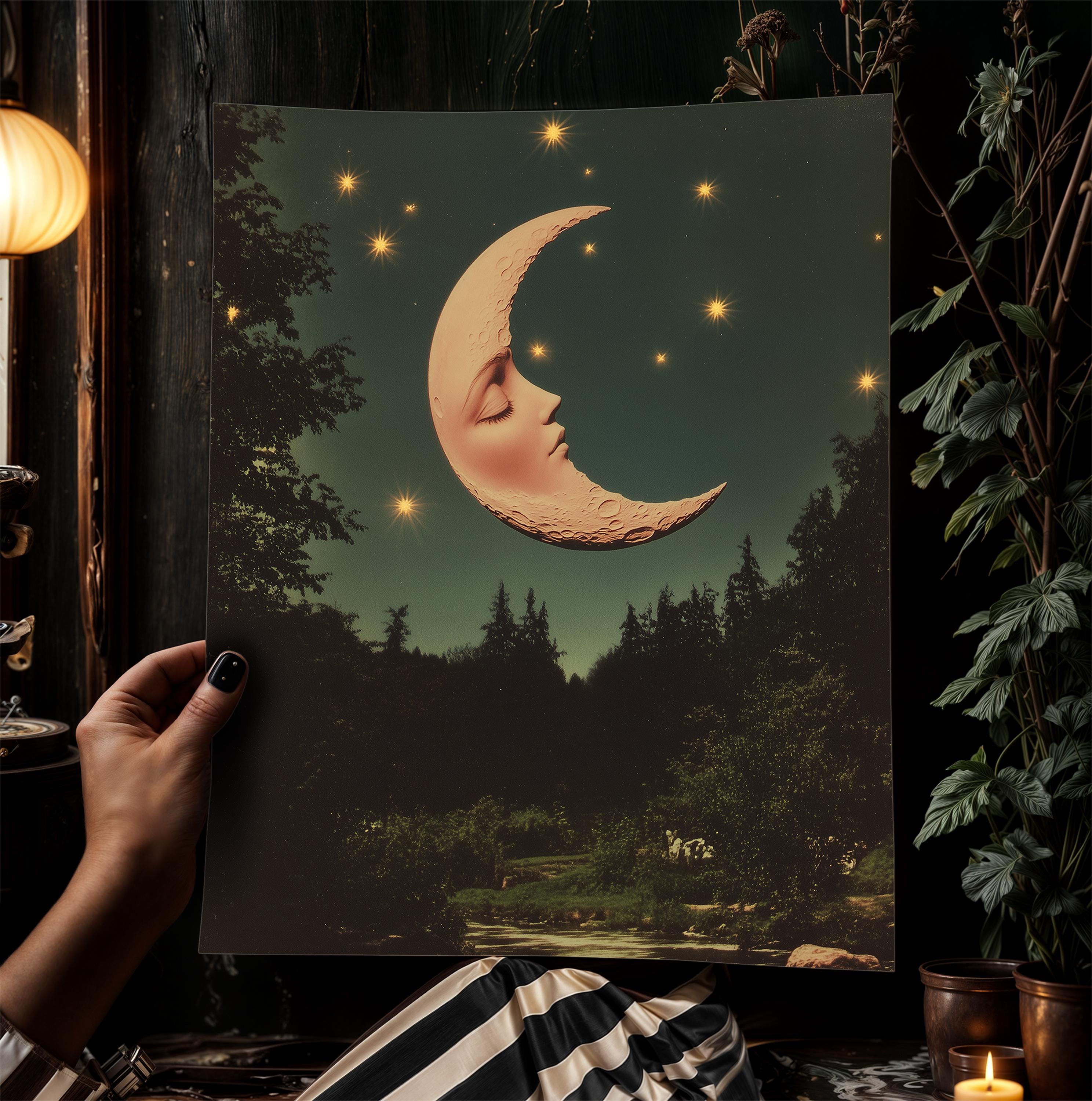 Whimsical Crescent Moon Face Art Print, Vintage Dreamcore
