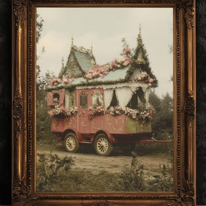 Art de la caravane gitane victorienne, déco vintage Witchy Boho Vanlifers, impression déco fantaisie, déco académique sombre, affiche de conte de fées gothique