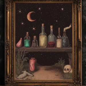 Witchy Potion Shelf Art Print, Dark Fairycore Magical Apothecary Shelf, Potion And Elixir Painting, Goth Cottagecore Witch Decor Poster