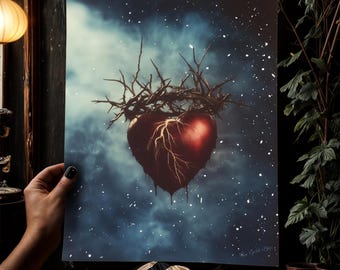 Sacred Heart With Crown of Thorns Floating in Cosmic Sky Digital