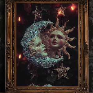 Whimsical Sun & Moon Art Print, Vintage Dreamcore Night Sky Wall Decor, Cottagecore Celestial Poster, Mystical Whimsigoth Decor Artwork