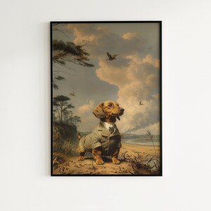 dog wall art, surreal art, wiener dog, poster puppy print, sausage dog, goth pet poster, whimsy animal art, retro bathroom decor, puppy lover gift, vintage animal art, dog wall poster, weird stuff, daschund poster