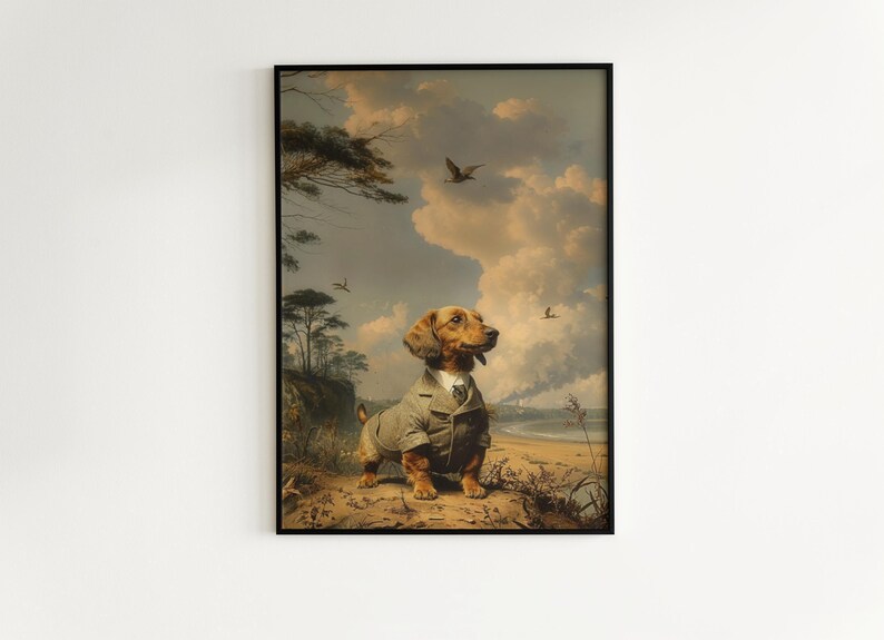 dog wall art, surreal art, wiener dog, poster puppy print, sausage dog, goth pet poster, whimsy animal art, retro bathroom decor, puppy lover gift, vintage animal art, dog wall poster, weird stuff, daschund poster