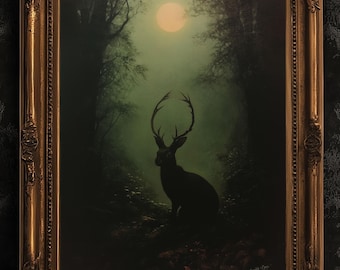 Jackalope Art Print Painting, Hare Hybrid Wall Decor, Mystical Woodland Animal Portrait, Cryptid Fairycore Wall Art