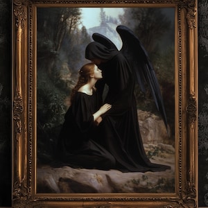 Angel Of Death And Woman, Gothic Art Print, Dark Romantic Wall Decor Poster, Fantasy Grief Painting, Mysterious Witchy Gift For Her