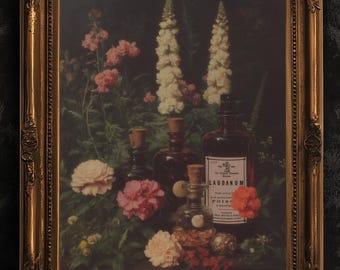 Laudanum Apothecary Jar Wall Art Print, Dark Academia Poster, Vintage Floral Painting, Witchy Gifts, Gothic Cottagecore Decor