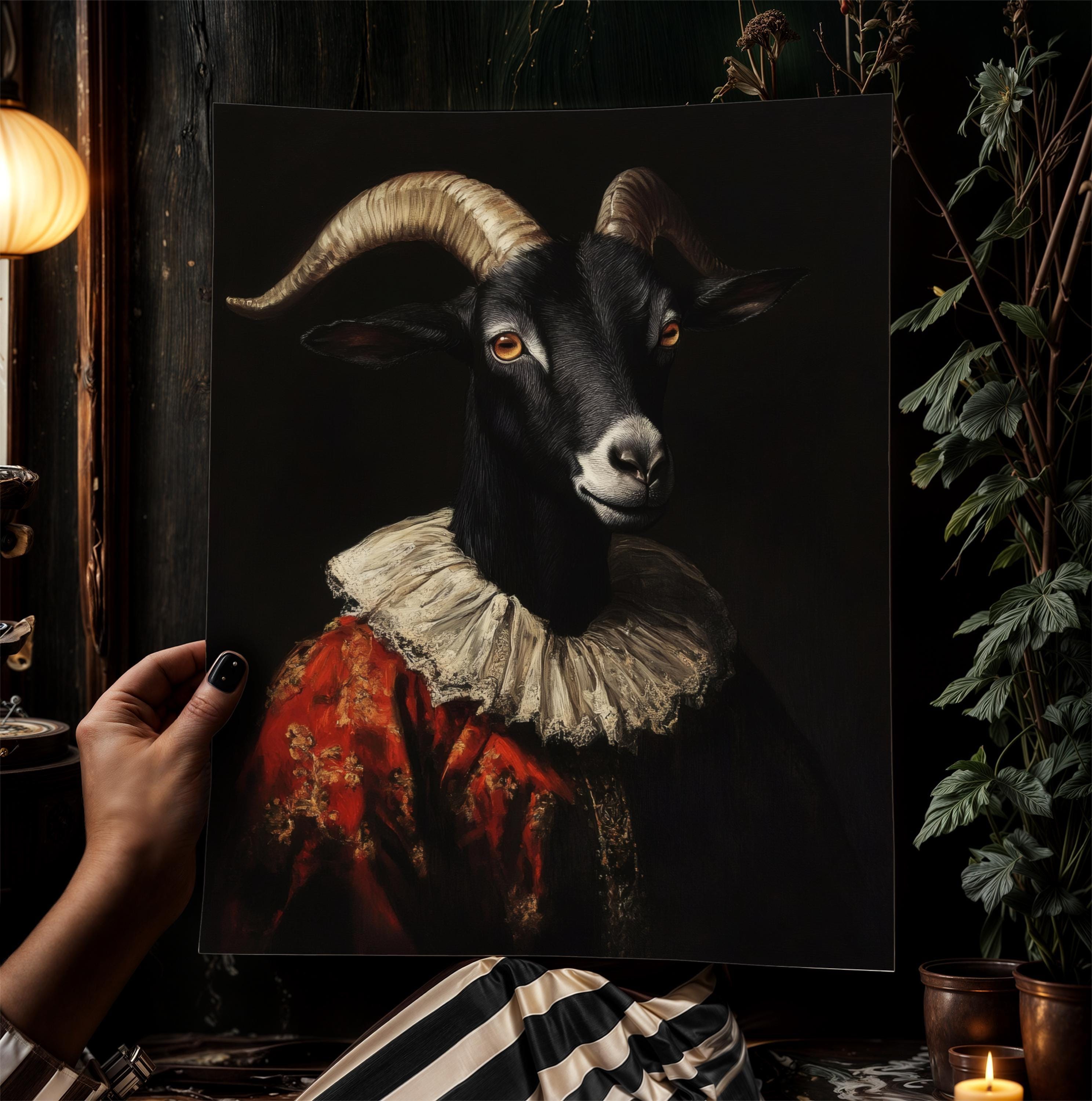 Gothic Black Goat Portrait, Dark Academia Witchy Wall Decor, Royal