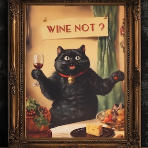 Wine Not Funny Cat Cheers Print, Whimsical Kitty Decor, Retro Kitchen Decor, Dining Room Poster, Fun Girl Dinner Bar Cart Trendy Wall Art