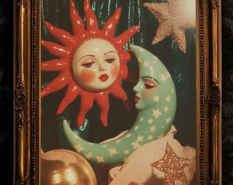 Celestial Sun And Crescent Moon Print, 90s Whimsigoth Decor, Whimsical Celestial Magical Home Decor, Sun Moon Poster, Cosy Witchy Print