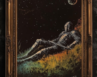 Celestial Knight Art Print – Retro Medieval Goth Fantasy Wall Decor, Dark Gothic Warrior Poster, Cosmic Dreamscape Illustration